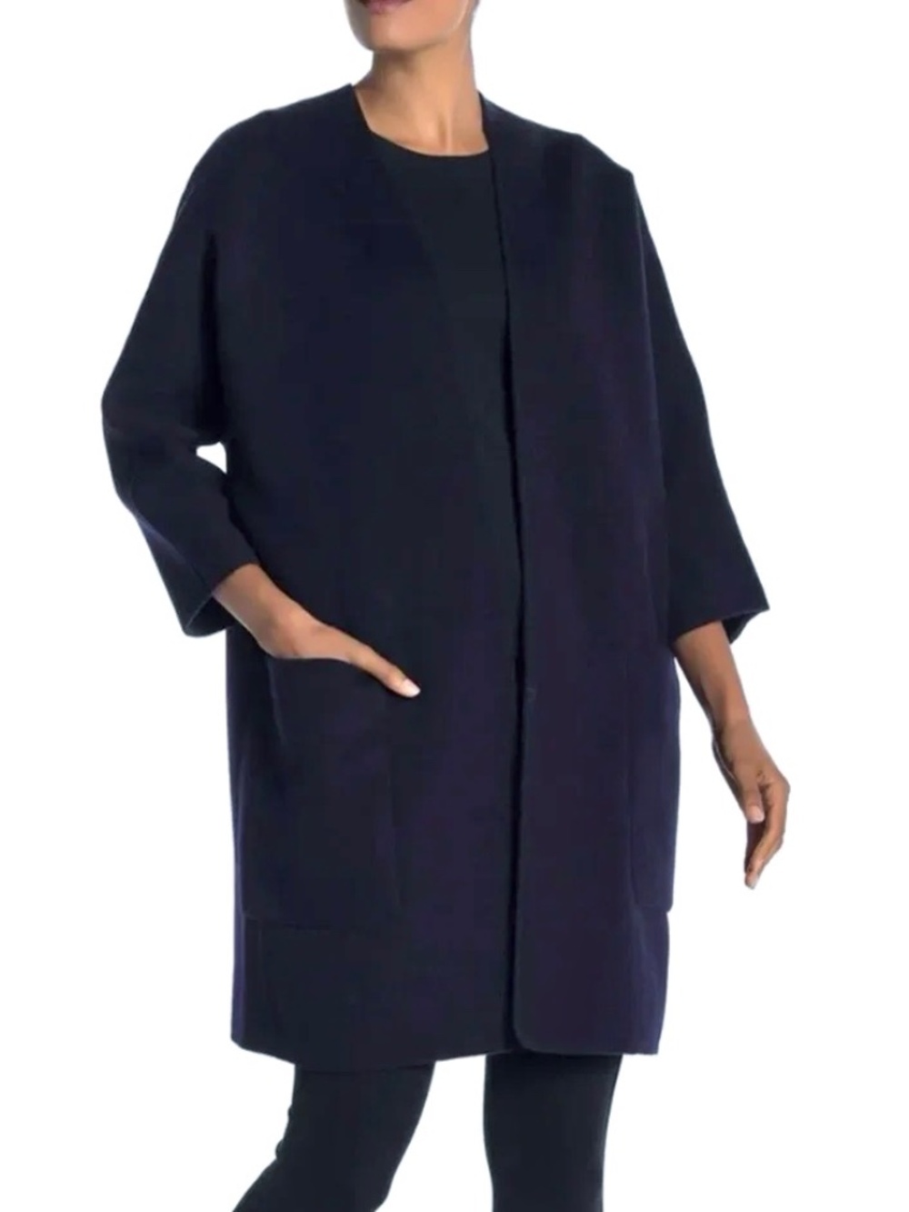 VINCE Wool/Cashmere Collarless Reversible Coat Dark Navy/Black - XS